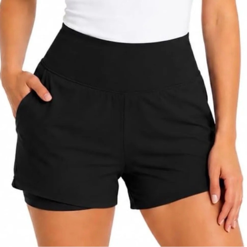 Amazon Women's Black High-Waist 2-in-1 Bike Shorts with Pockets